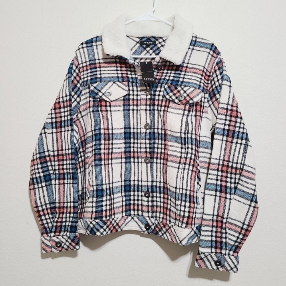 Torrid Sherpa Trim Plaid Trucker Jacket Plus Size 2X